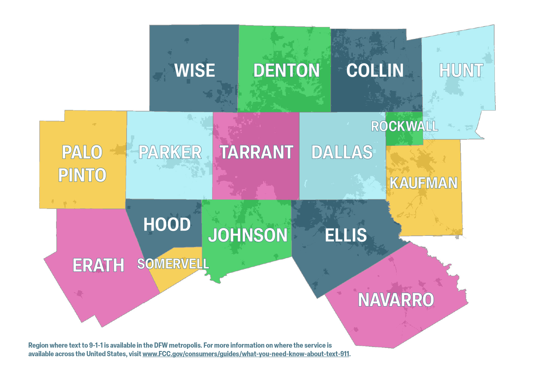 A map of the counties across DFW that offer the text to 9-1-1 service.