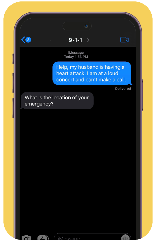 An example of what a text to 9-1-1 message looks like. The user texted 9-1-1 with an emergency, and 9-1-1 responded "What is the location of your emergency"