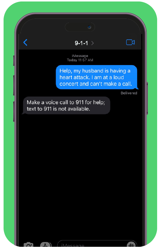 An example of a bounce back message from 9-1-1 in the event that text to 9-1-1 is not available when someone is trying to use the service.