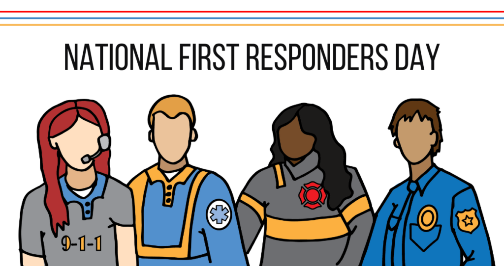 A 9-1-1 telecommunicator, EMT, firefighter, and police officer stand together under a graphic title "national first responders day".