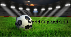 A soccer ball on a field of green grass with the text "Word Cup and 9-1-1"