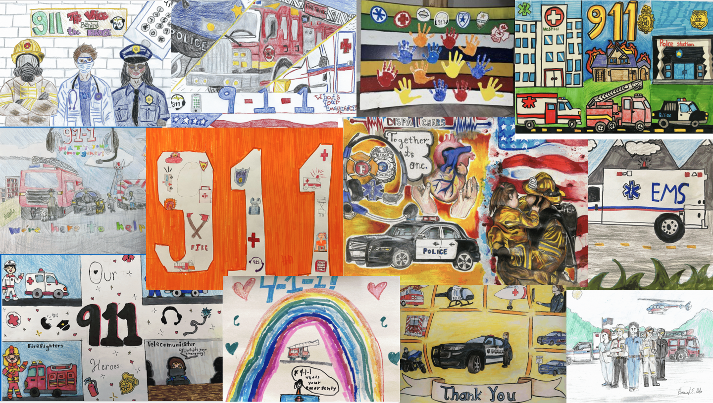 a collection of images showcasing student works for last year's 9-1-1 art contest